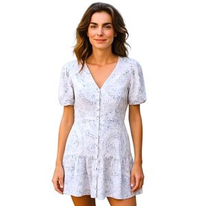 Loft Cottagecore Short Summer Swing Dress White Blue Mauve Paisley Floral, Small